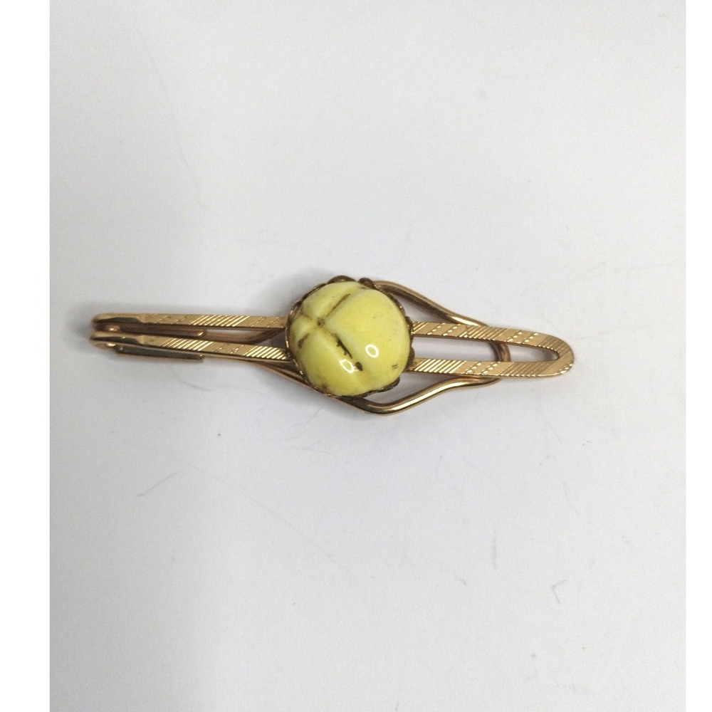 Vintage Mens Gold Tone Tie Clip Yellow Cabochon Mid Century Modern Retro - Picture 1 of 3